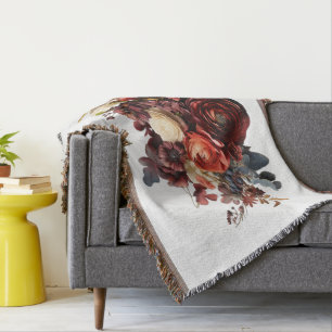 Burgundy Maroon Coral White Moody Floral Decke