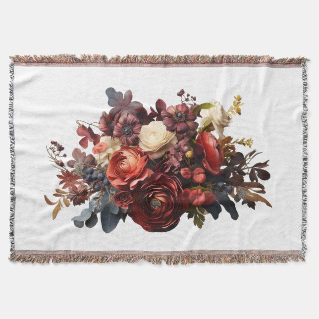 Burgundy Maroon Coral White Moody Floral Decke (Vorderseite)