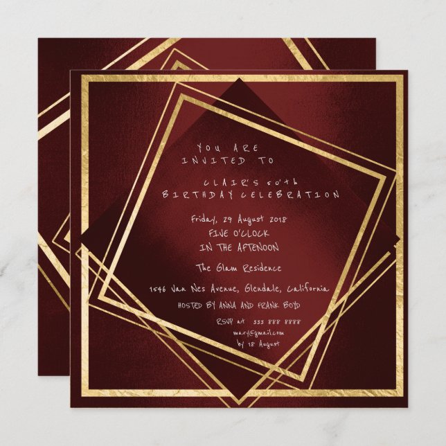 Burgundy Maroon Geometry Golden Square Geburtstag Einladung (Vorne/Hinten)