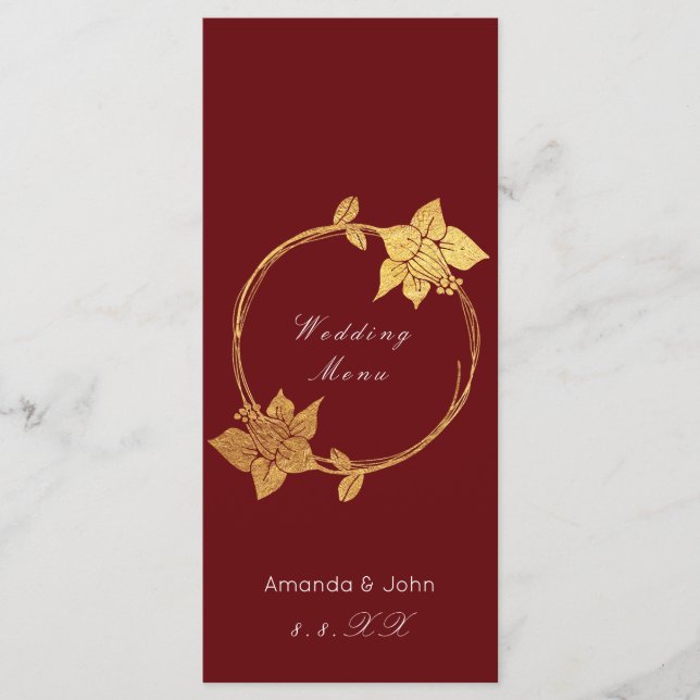 Burgundy Maroon Gold Floral Red Wedding Menü Menükarte (Vorderseite)