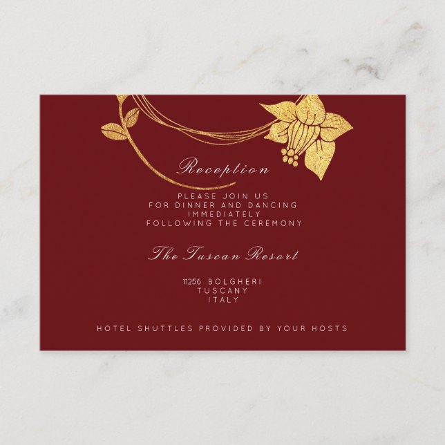 Burgundy Maroon Gold Floral Vip Hochzeitsempfang Begleitkarte (Vorderseite)