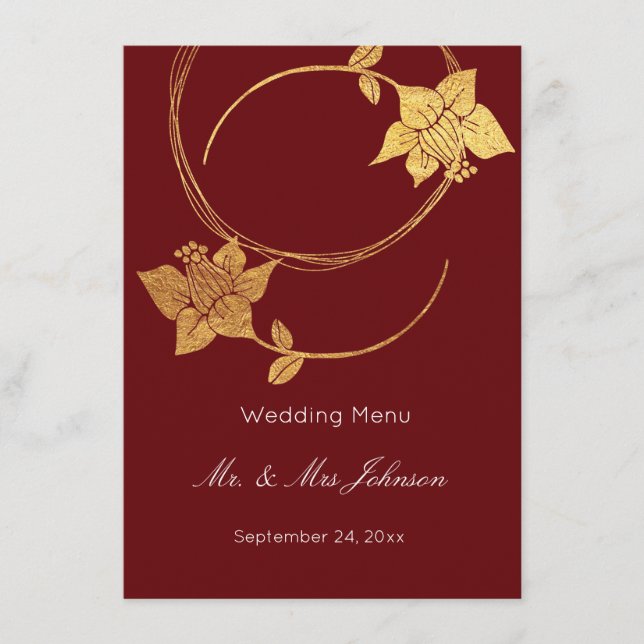 Burgundy Maroon Gold Floral Wedding Event Menu Red Menükarte (Vorderseite)