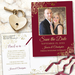 Burgundy Maroon & Gold Foto Save the Date Hochzeit Ankündigungspostkarte