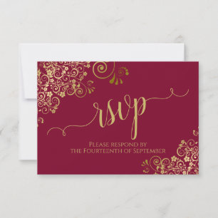 Burgundy Maroon & Gold Lace Calligraphy Wedding RSVP Karte