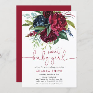 Burgundy Maroon Greenery Floral Girl Baby Shower Einladung