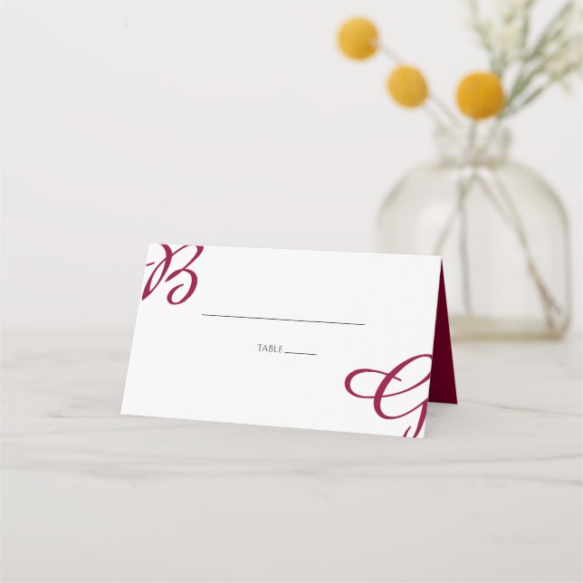Burgundy Maroon Initials Herbst Hochzeit im Herbst Platzkarte (Vorderseite)
