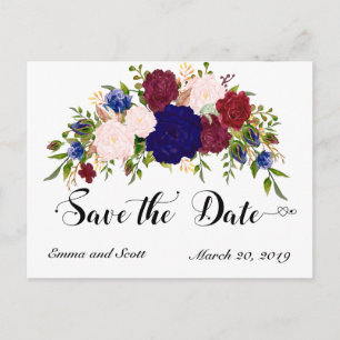 Burgundy Maroon Navy Blume Save the Date Ankündigungspostkarte