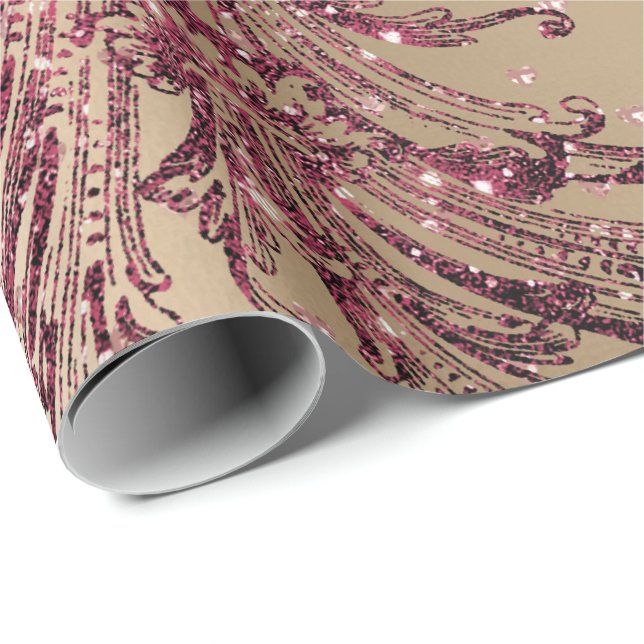 Burgundy Maroon Pink Rose Gold Royal Floral Hearts Geschenkpapier (Rolleneckpunkt)