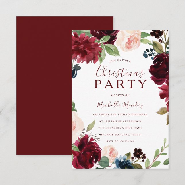 Burgundy Maroon Red Floral Christmas Party Einladung (Vorne/Hinten)