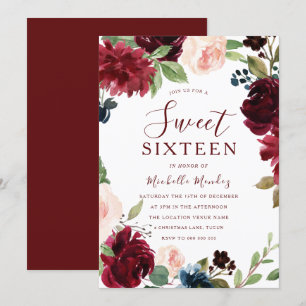 Burgundy Maroon Red Floral Sweet 16 Party Einladung
