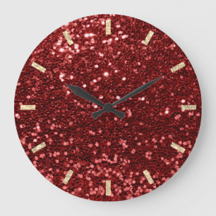 Burgundy Maroon Red Sparkly Faux Glitter Gold Große Wanduhr