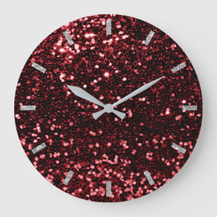Burgundy Maroon Red Sparkly Faux Glitter Gray Glam Große Wanduhr