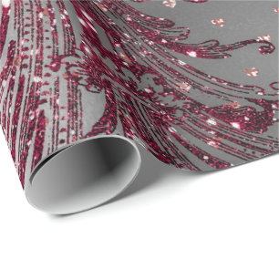Burgundy Maroon Royal Floral Hearts Damask Silver Geschenkpapier