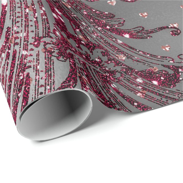 Burgundy Maroon Royal Floral Hearts Damask Silver Geschenkpapier (Rolleneckpunkt)