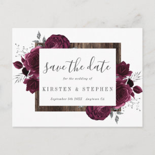 Burgundy Maroon Silver Floral Fall Save the Date Postkarte