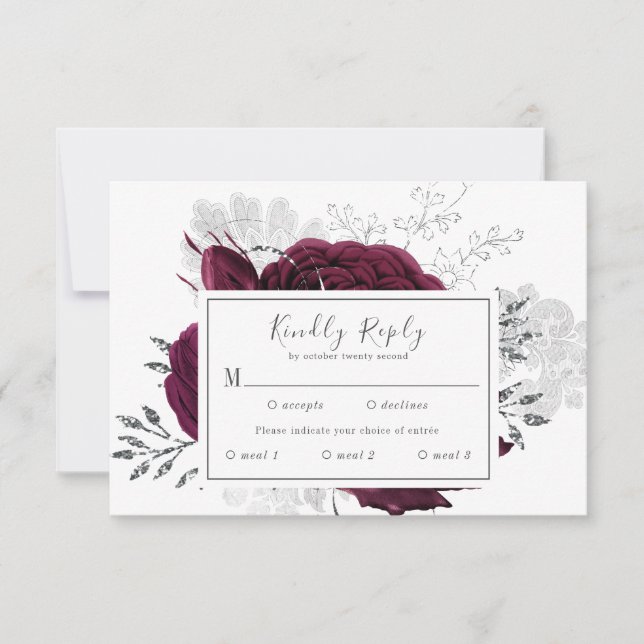 Burgundy Maroon Silver Floral Hochzeit im Herbst RSVP Karte (Vorderseite)