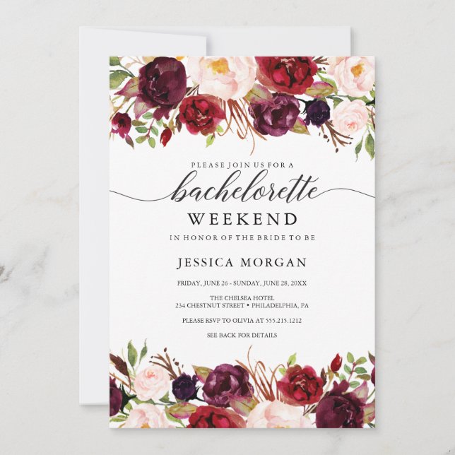 Burgundy Marsala Bachelorette Wochenende Einladung (Vorderseite)