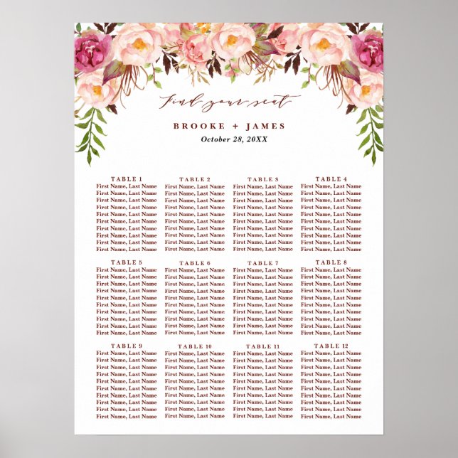 Burgundy Marsala Blush Boho Hochzeitstabelle Poster (Vorne)