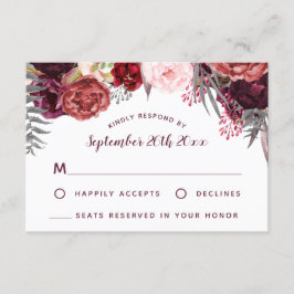 Burgundy Marsala Blush Peony Wedding RSVP Cards Karte