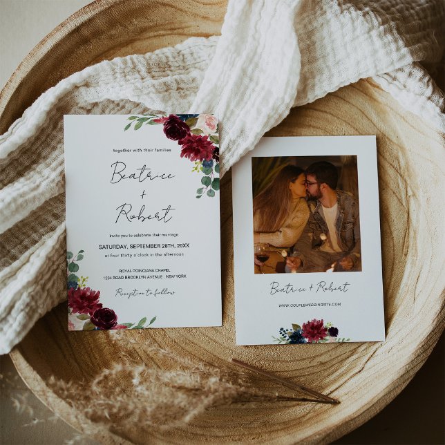 Burgundy Marsala & Blush Pink Bloral Wedding Foto Einladung (Burgundy Marsala & Blush Pink Floral Wedding Photo Invitation)