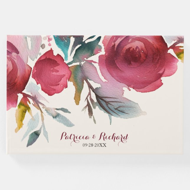 Burgundy Marsala Boho Floral Romantische Hochzeit Gästebuch (Vorderseite)