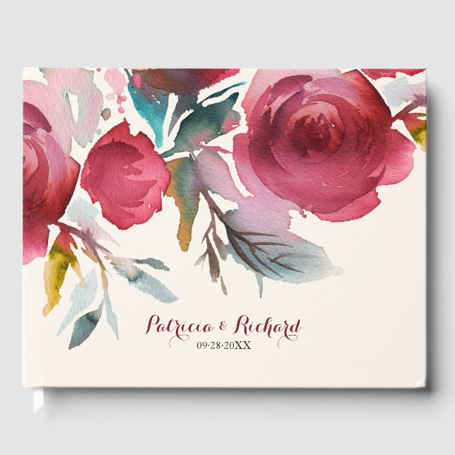 Burgundy Marsala Boho Floral Romantische Hochzeit Gästebuch (Vorderseite)