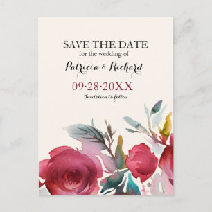 Burgundy Marsala Boho Floral Wedding Save the Date Ankündigungspostkarte