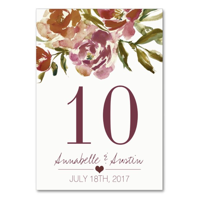 Burgundy Marsala Fall Floral Wedding Table Card Tischnummer (Vorderseite)