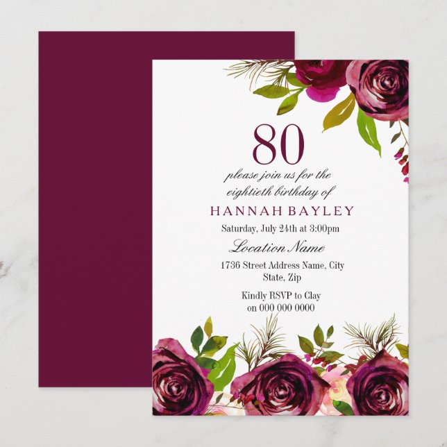 Burgundy Marsala Floral 80. Geburtstag Einladung (Vorne/Hinten)