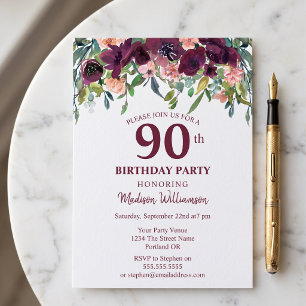 Burgundy Marsala Floral 90. Geburtstagsparty Einladung