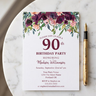 Burgundy Marsala Floral 90. Geburtstagsparty Einladung