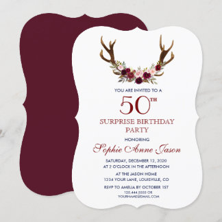 Burgundy Marsala Floral Antlers 50. Geburtstag Einladung