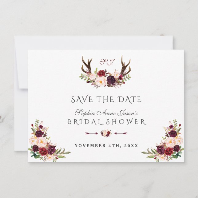 Burgundy Marsala Floral Antlers Brautparty Save The Date (Vorderseite)