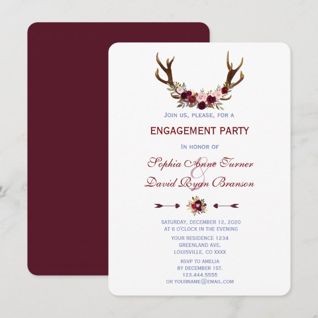 Burgundy Marsala Floral Antlers Engagement Partei Einladung (Vorne/Hinten)