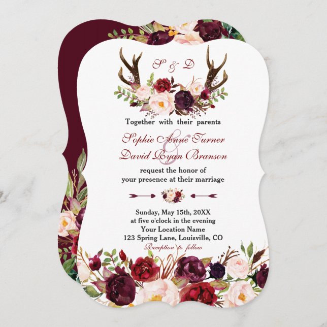 Burgundy Marsala Floral Antlers Monogram Wedding Einladung (Vorne/Hinten)