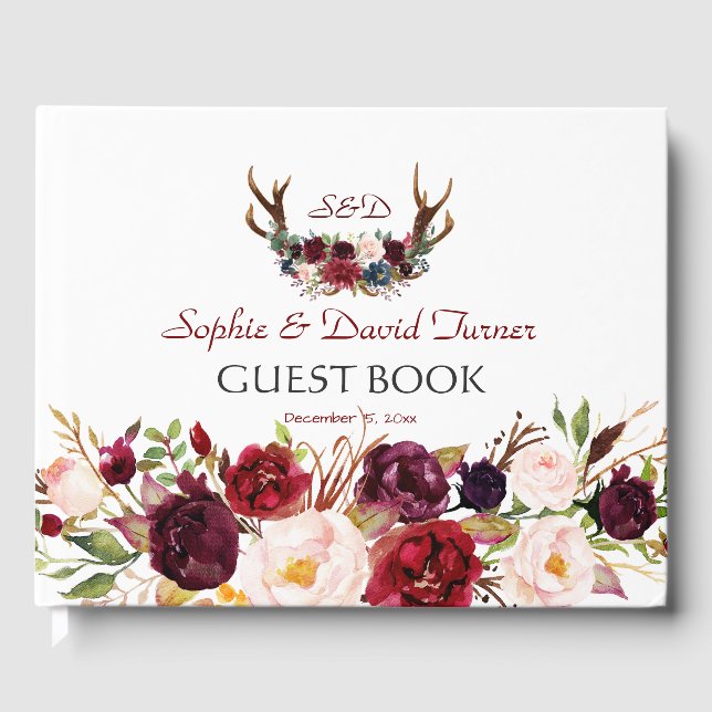 Burgundy Marsala Floral Antlers Monogram Wedding Gästebuch (Vorderseite)