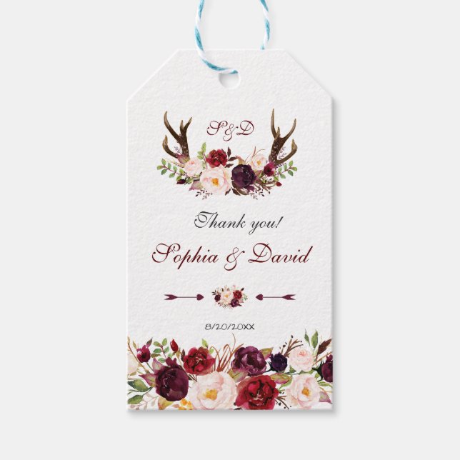 Burgundy Marsala Floral Antlers Monogram Wedding Geschenkanhänger (Vorderseite)