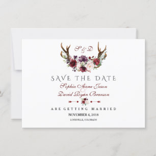 Burgundy Marsala Floral Antlers Save the Date