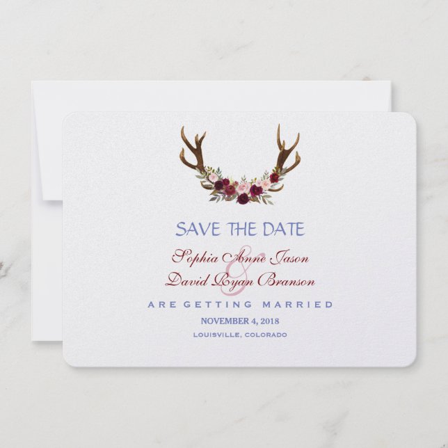 Burgundy Marsala Floral Antlers Save the Date (Vorderseite)