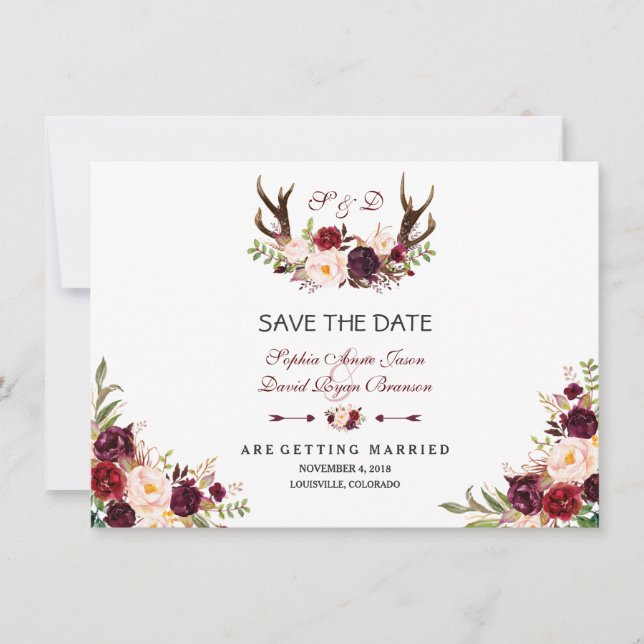 Burgundy Marsala Floral Antlers Save the Date (Vorderseite)