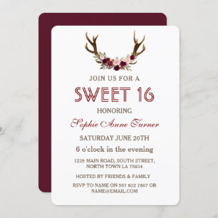 Burgundy Marsala Floral Antlers Sweet 16 Einladung