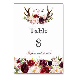 Burgundy Marsala Floral Antlers Tischnummer