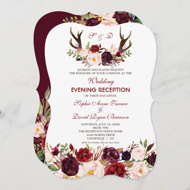 Burgundy Marsala Floral Antlers Wedding Abend Einladung (Vorne/Hinten)