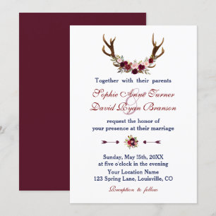 Burgundy Marsala Floral Antlers Wedding Einladung