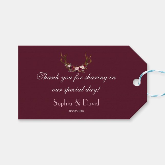 Burgundy Marsala Floral Antlers Wedding Geschenkanhänger (Vorderseite (Horizontal))