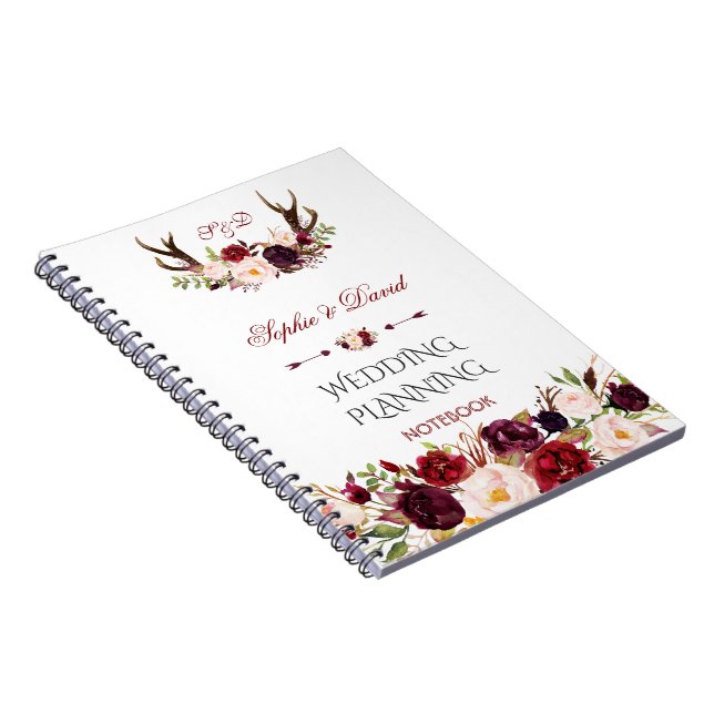 Burgundy Marsala Floral Antlers Wedding Planner Notizblock (Rechte Seite)