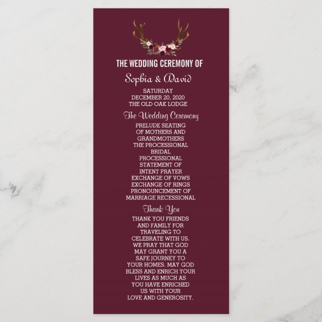 Burgundy Marsala Floral Antlers Wedding Programm (Vorderseite)