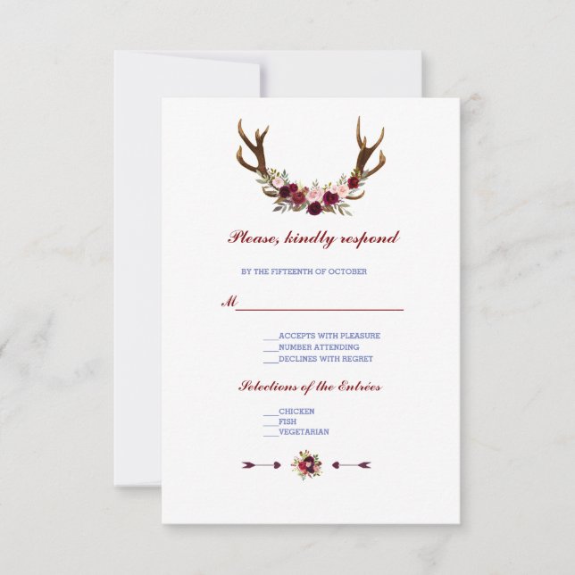 Burgundy Marsala Floral Antlers Wedding RSVP (Vorderseite)