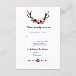 Burgundy Marsala Floral Antlers Wedding RSVP Karte