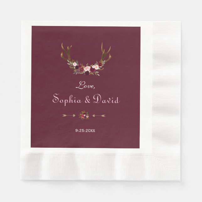 Burgundy Marsala Floral Antlers Wedding Serviette (Vorderseite)